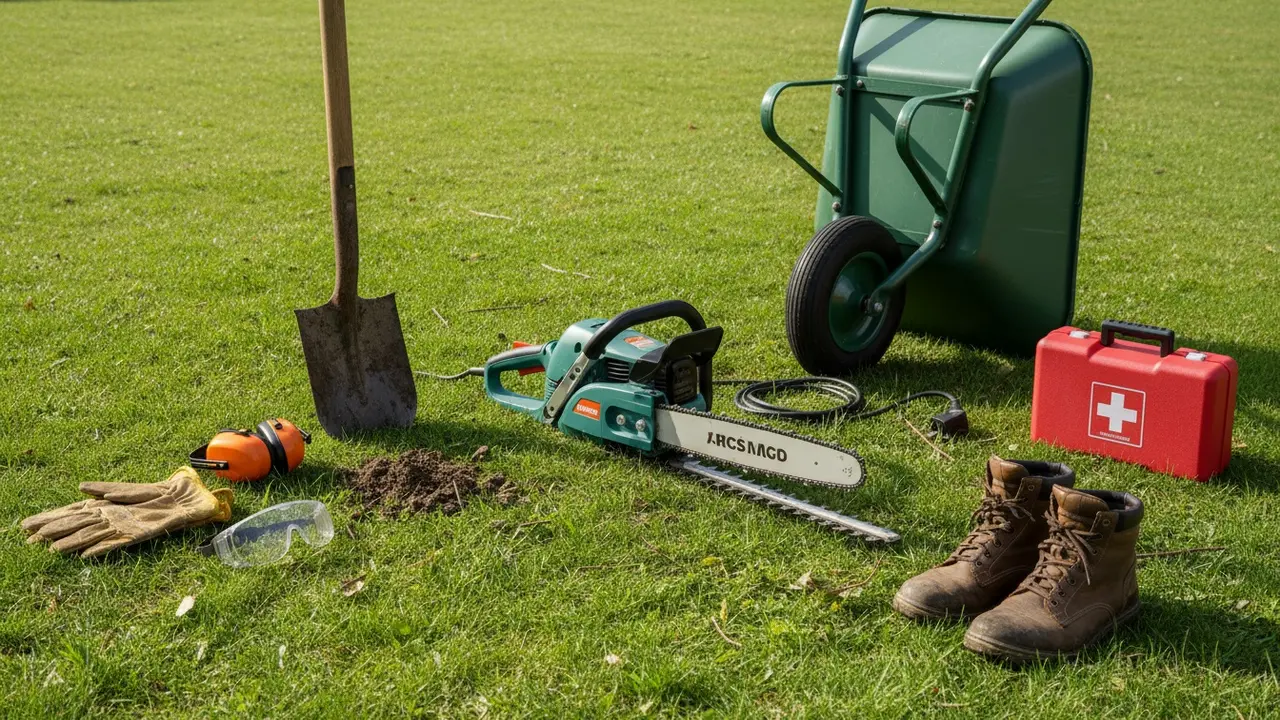 Værktøj og sikkerhedsudstyr til fjernelse af hæk lagt op på græs