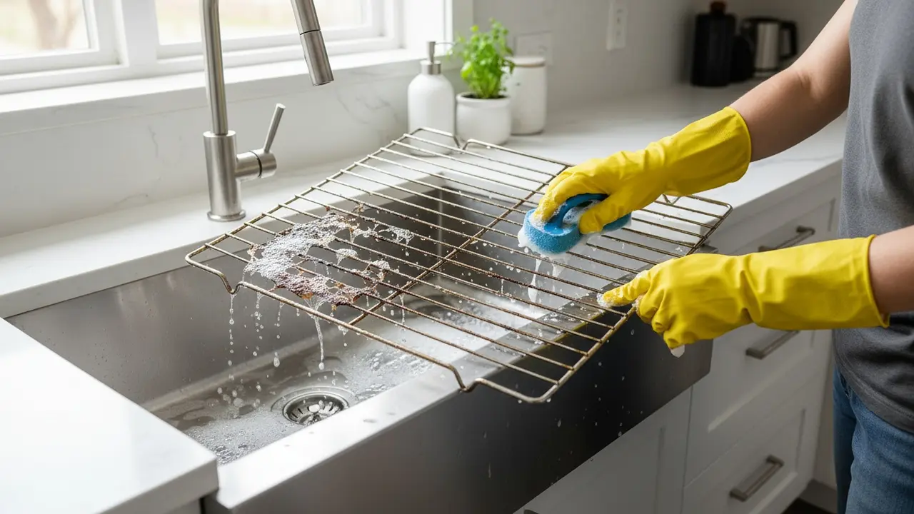 Person i gummihandsker skrubber ovnrist i vask, med synlig før/efter-rene områder