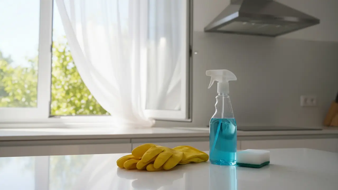 Gummihandsker på køkkenbord med åben vindue og rengøringsmiddel for god ventilation