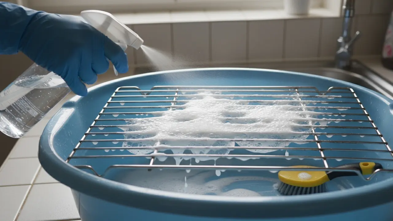 Nærbillede af bagepulverpasta på ovnrist der bruser op efter eddike-spray, med handsker