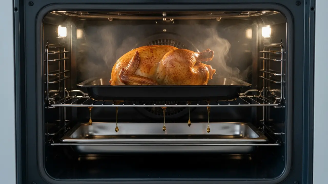 Ovnens indre med ovnrist, steg på risten og drypbakke under, viser dræning og varmefordeling