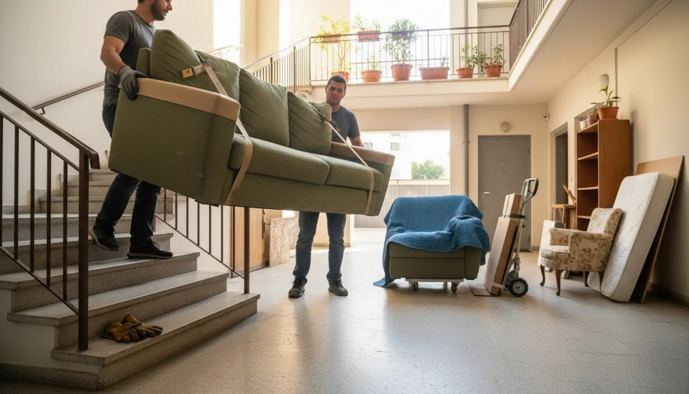 To personer bærer en sofa ned ad trappen mod gårdens storskraldsområde, ansigter ikke synlige.