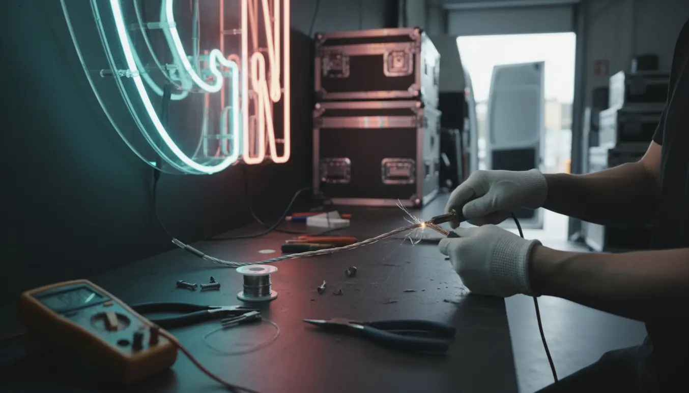 En tekniker reparerer en knækket kabel på et neonskilt i et backstage-værksted før et roadshow.