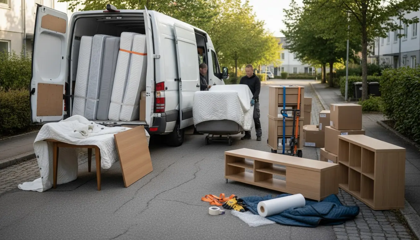 Flyttere bærer indpakkede møbler og kasser ved en åben flyttevogn foran et parcelhus.