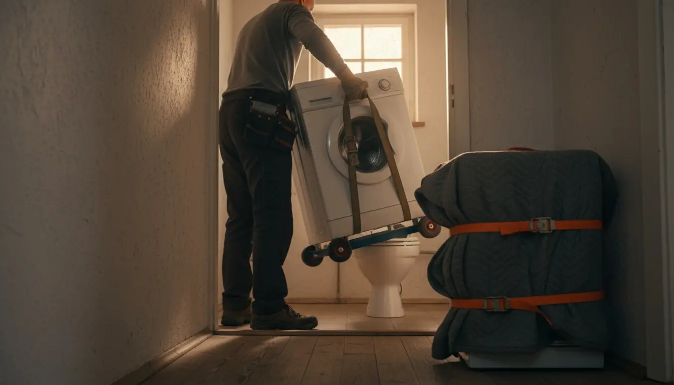 En håndværker set bagfra løfter en topbetjent vaskemaskine over et toilet i en smal lejlighedsgang klar til bortkørsel.