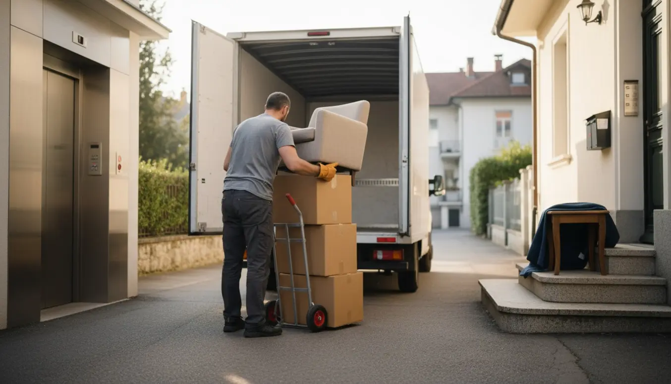 En flyttemand set bagfra trækker flyttekasser på en tralle ved en åben varevogn med elevator og villaens trappe i baggrunden.