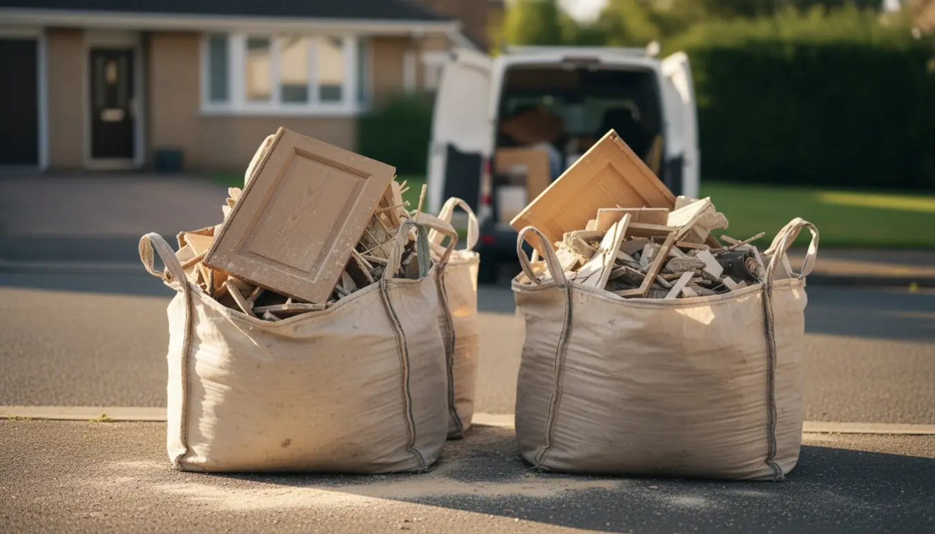 To store sække med køkken- og vægaffald ved vejkanten klar til afhentning.