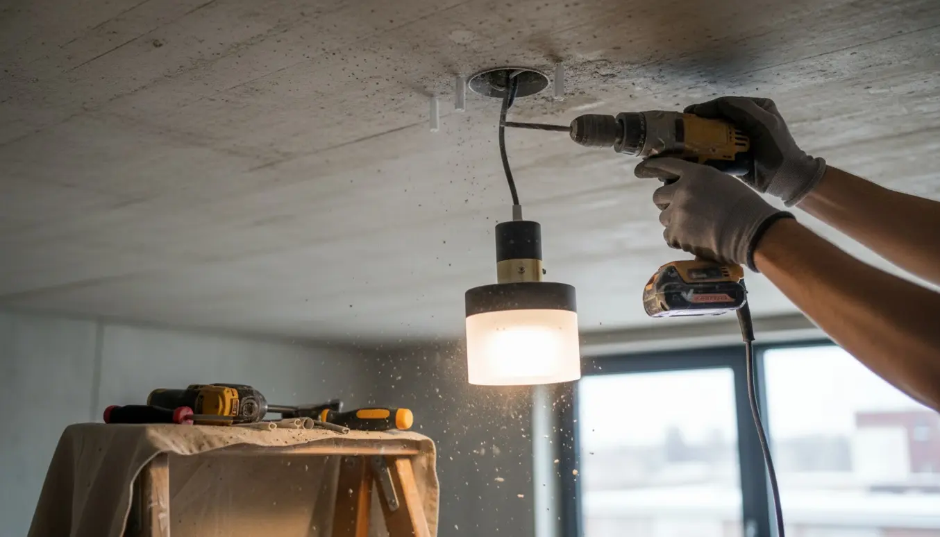 Hænder monterer en moderne loftslampe i et betonloft med borestøv og værktøj.