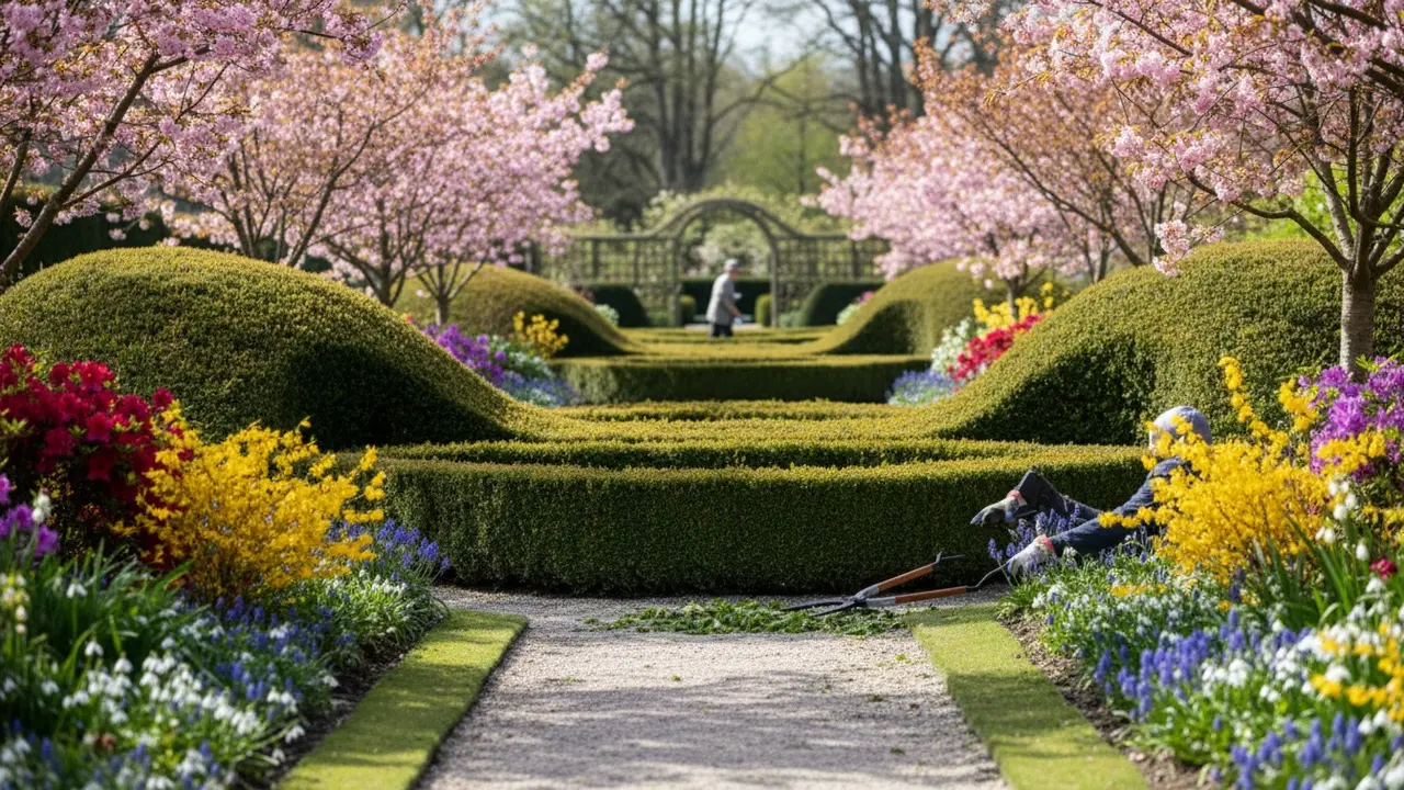 Oversigt over en velplejet have med beskårede buske og blomster