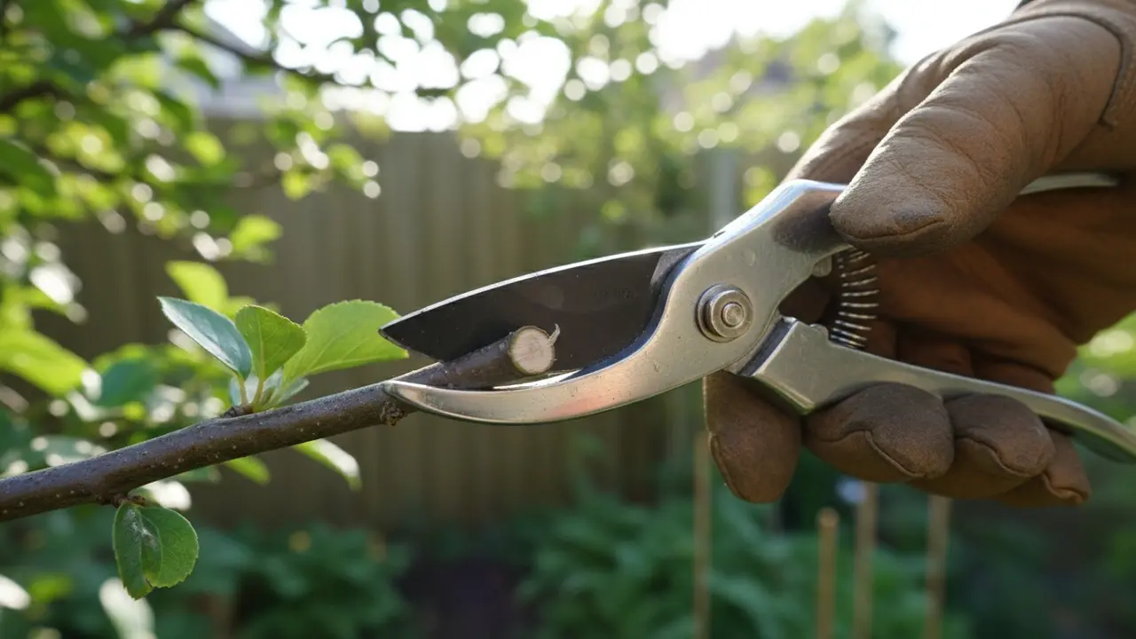 Nærbillede af beskæresaks der klipper i 45° vinkel 5 mm over en knop