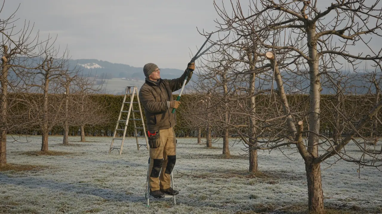 Person beskærer et frugttræ, fjerner indadgående grene ved grenkraven