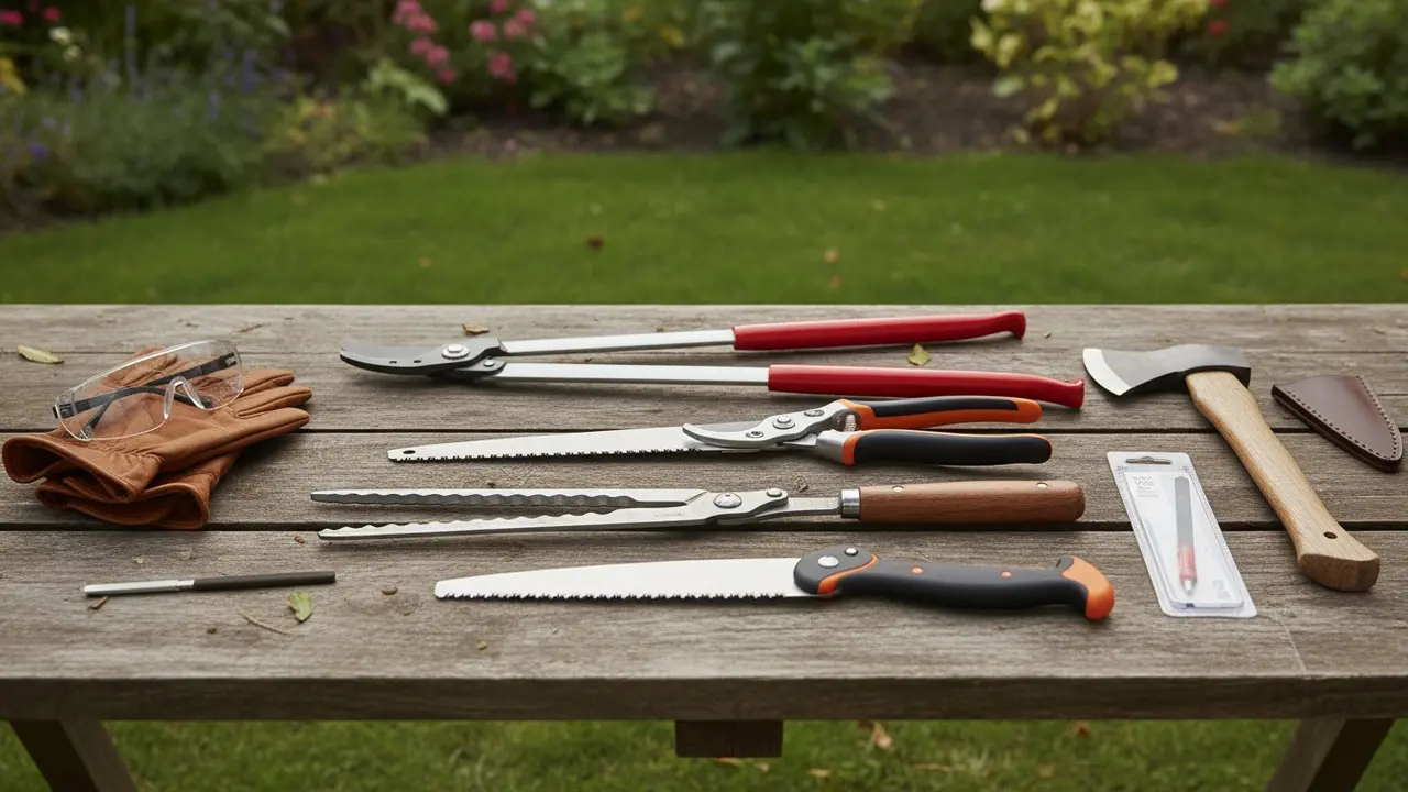 Udstyr til beskæring lagt frem: sakse, grensav, handsker, beskyttelsesbriller m.m.