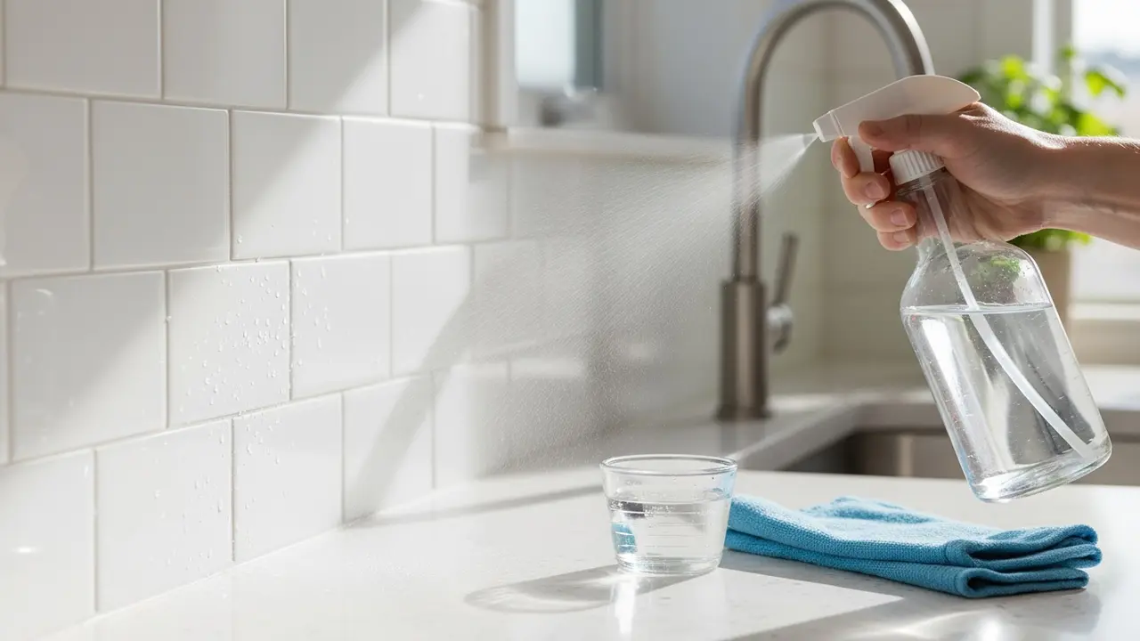 Uden mærkat sprayflaske med eddikeblanding sprøjtet på klinket flise.