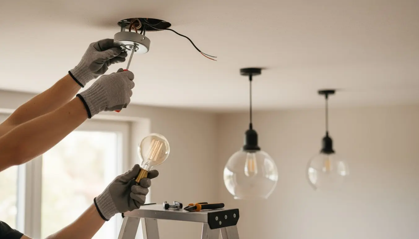 Hænder på en stige monterer en loftslampe, med to færdigmonterede lamper i baggrunden.