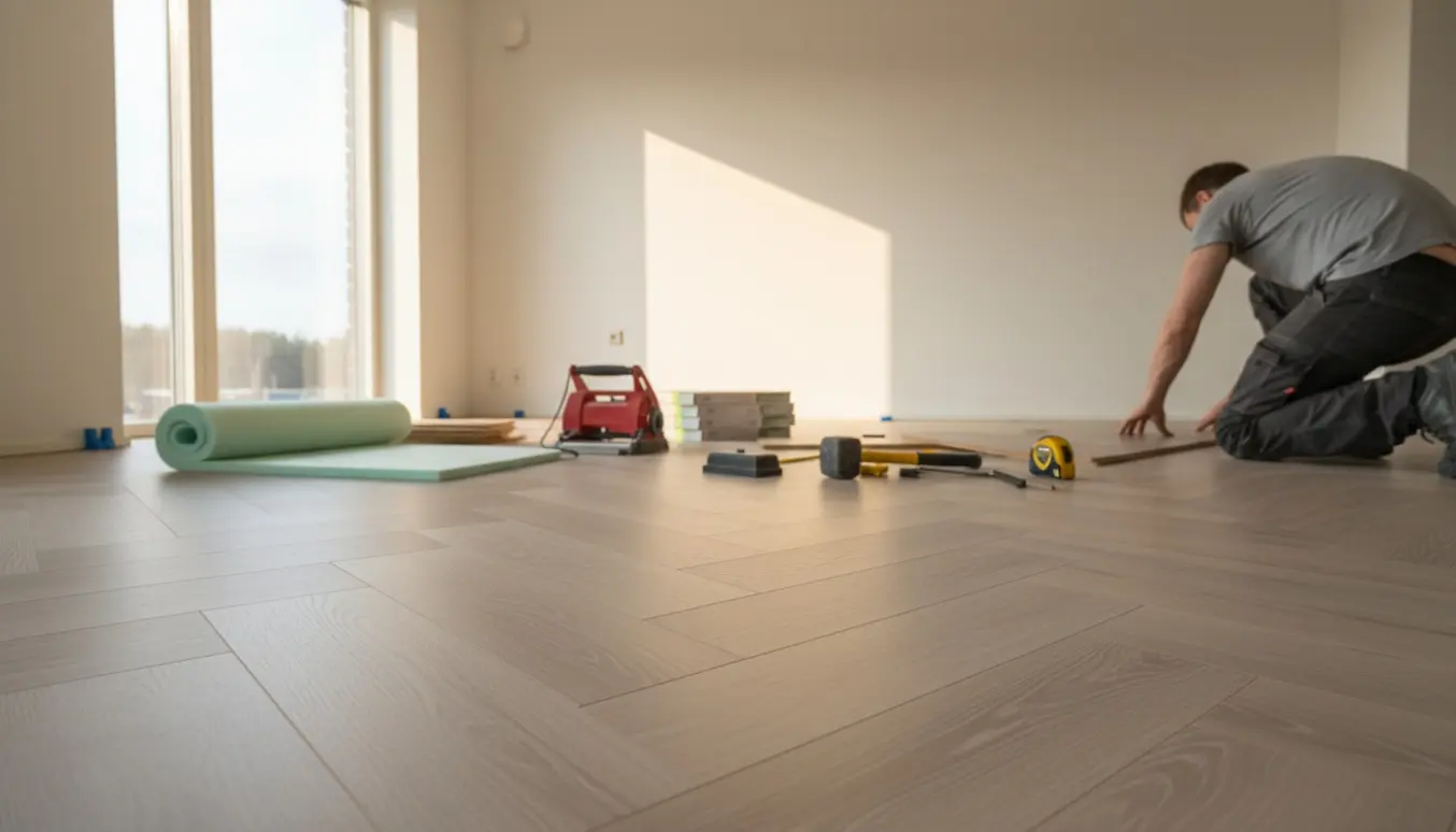 Partielt lagt sildeben kliklaminat i en lys, ryddet stue med underlag og værktøj, håndværker set bagfra uden ansigt.