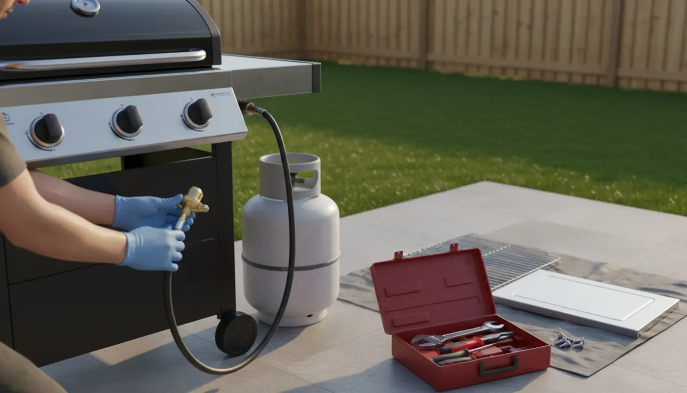 Handsker på hænder, der tilslutter gasregulator til en gasgrill på en terrasse i haven.