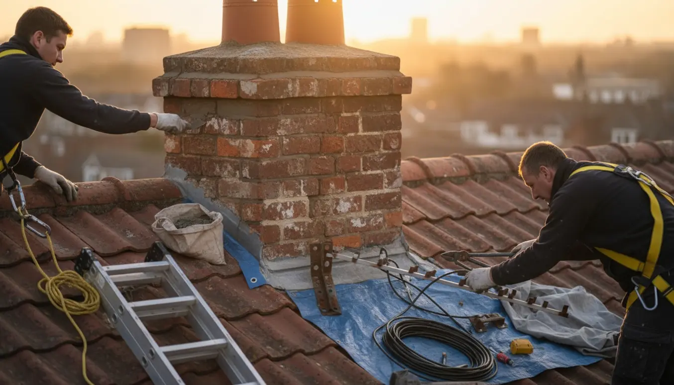 Håndværker fjerner gammel antenne og repærer fuger på en 1,5–2 m høj skorsten på taget.