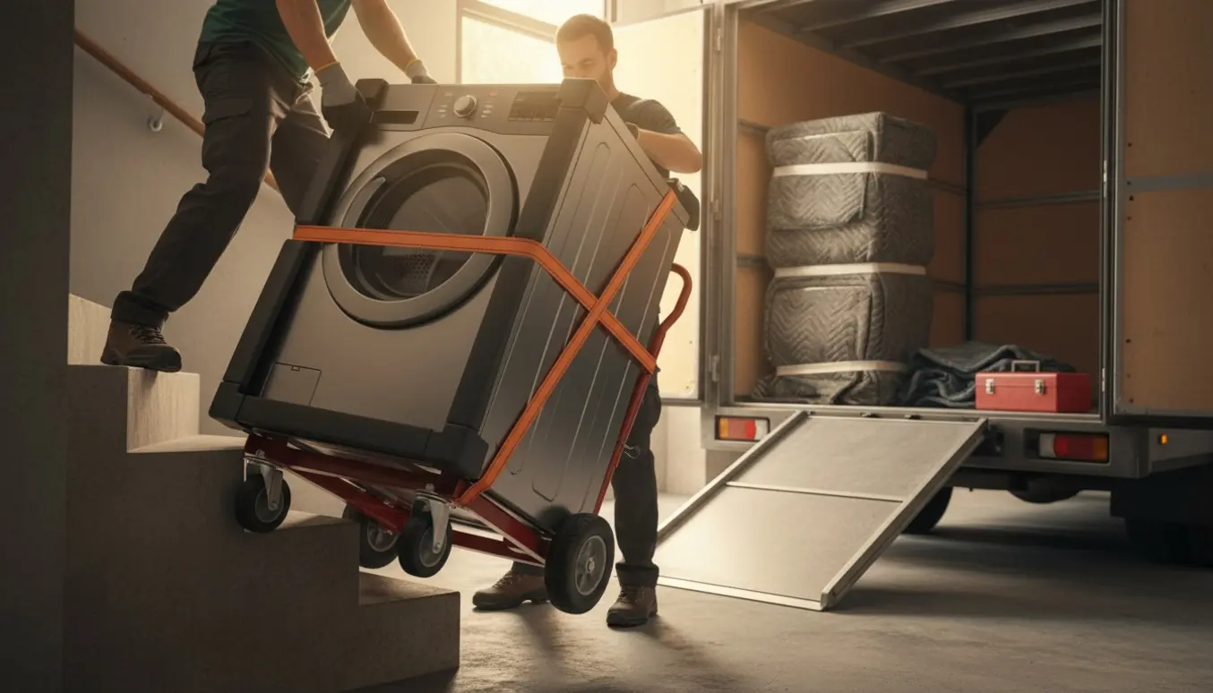 Tung vaskemaskine på trappevogn bæres ud fra en kældertrappe af to flyttefolk, ansigter ikke synlige.