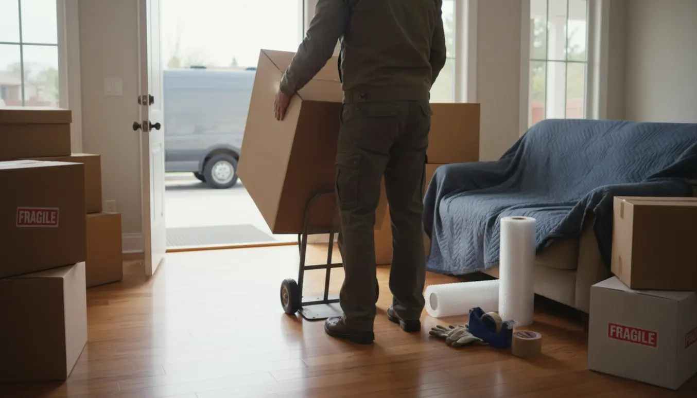 En person læsser en tung flyttekasse på en flyttedolly i en lys stue fyldt med pakkede kasser.