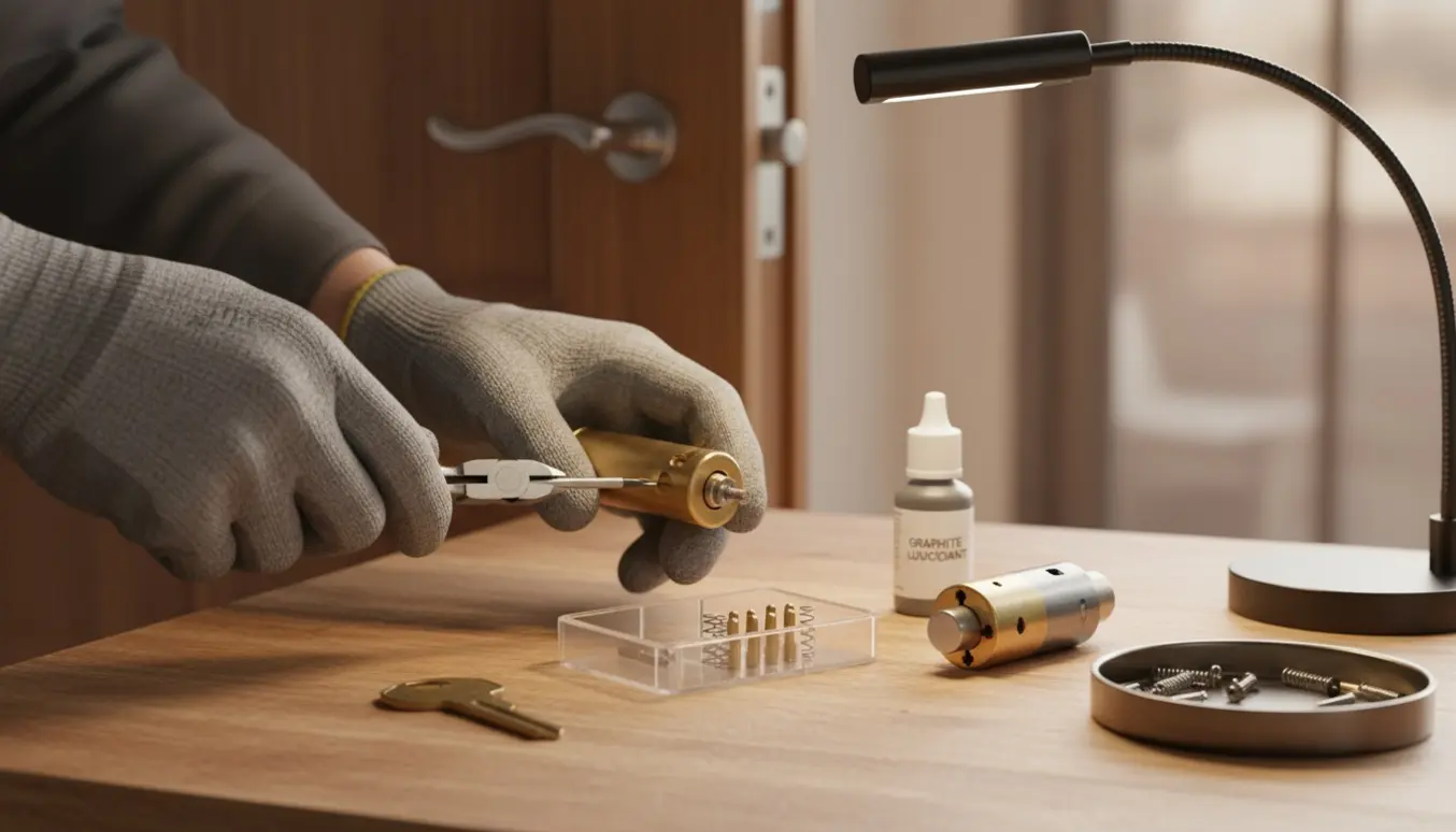 Nærbillede af en låsesmeds hænder, der reparerer en udtaget euro-cylinderring med syv stifter på et ryddeligt arbejdsbord.