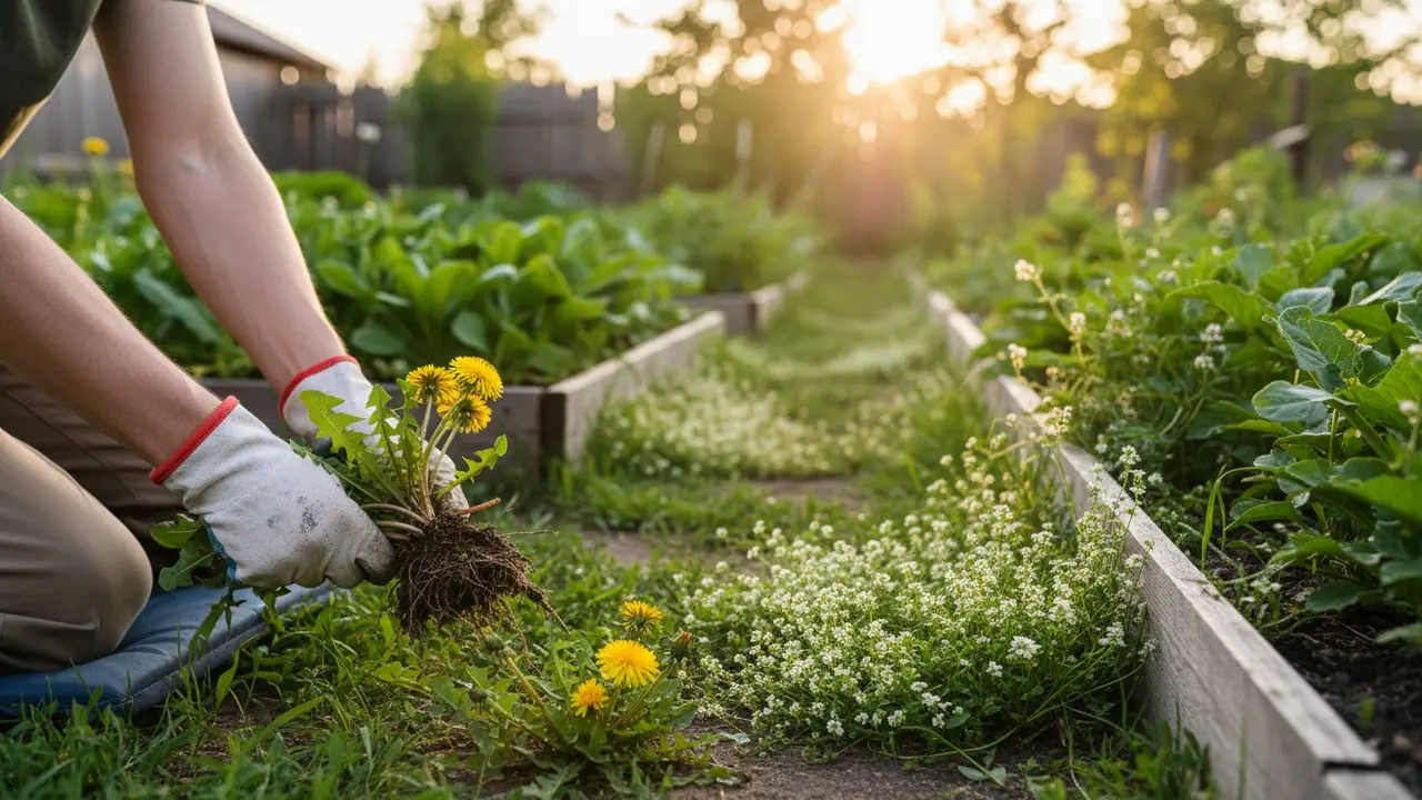 Hushave med blomsterbede og synlige ukrudtspatcher, haveejer fjerner ukrudt manuelt.