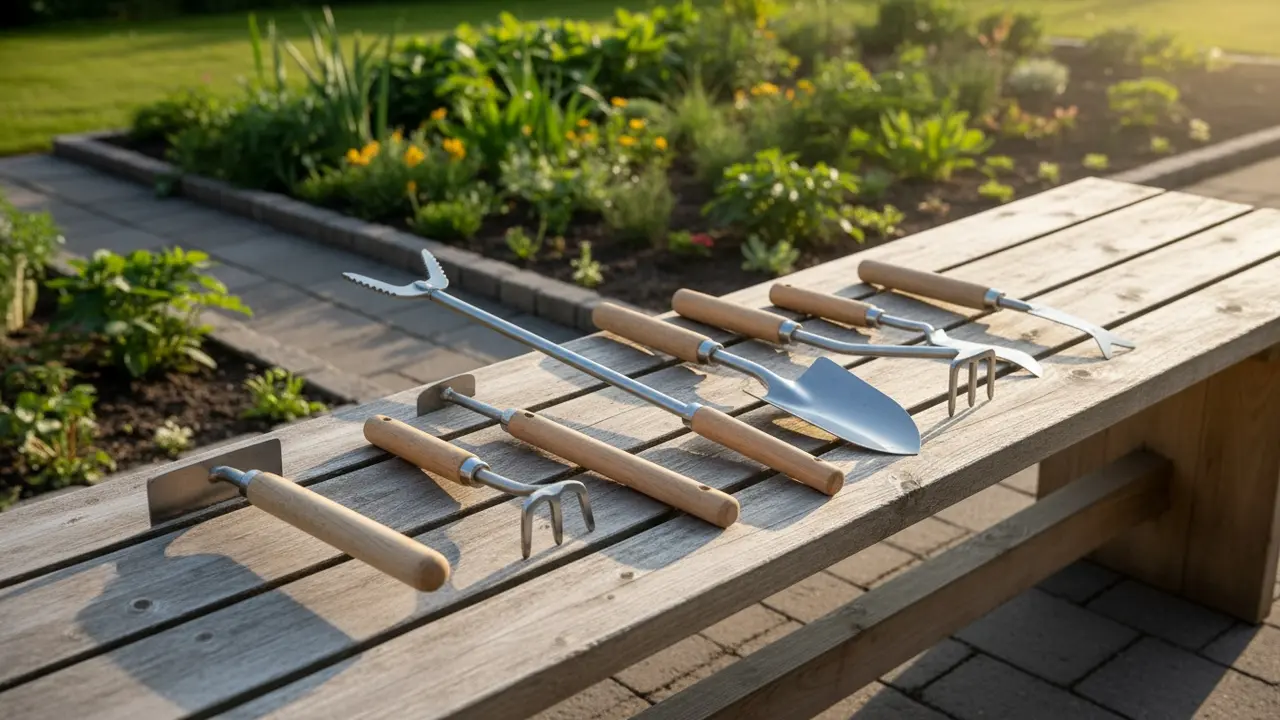 Udvalg af manuelle ukrudtsredskaber lagt op på bænk: trækker, jern, kultivator, skovl og kniv.