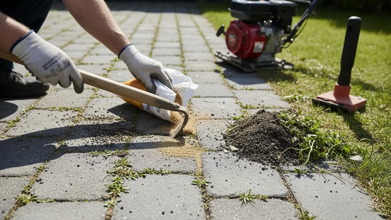 Nærbillede af fjernelse af ukrudt mellem fliser med skuffejern og påfyldning af nyt fugesand.