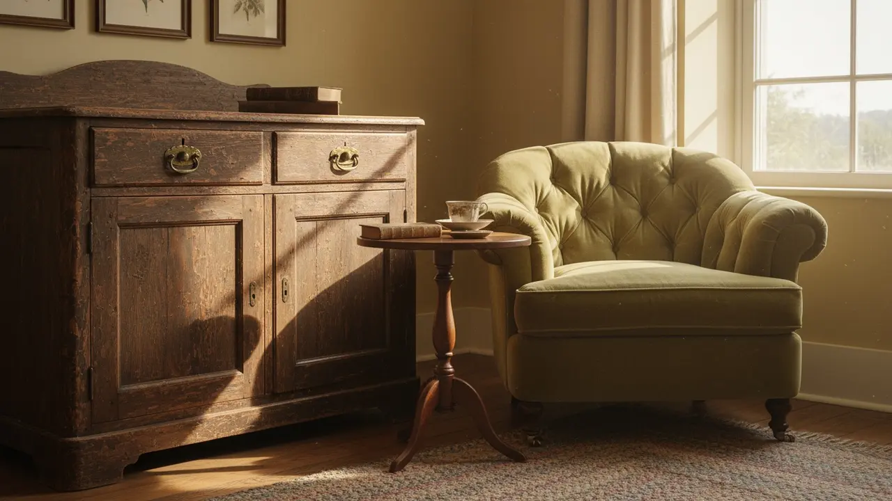 Vignet af gamle møbler med patina og slidt finish i et varmt, lyst rum
