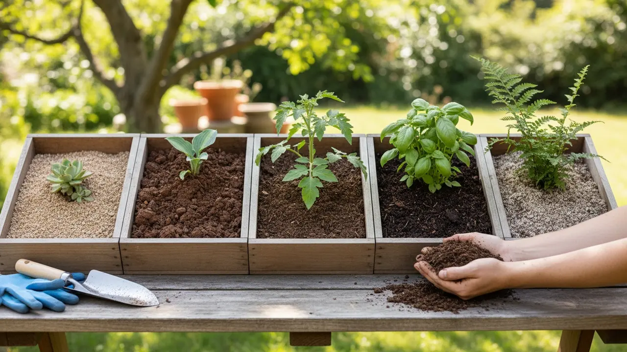 Forskellige jordtyper og kompost arrangeret i små bunker i haven med haveredskaber.