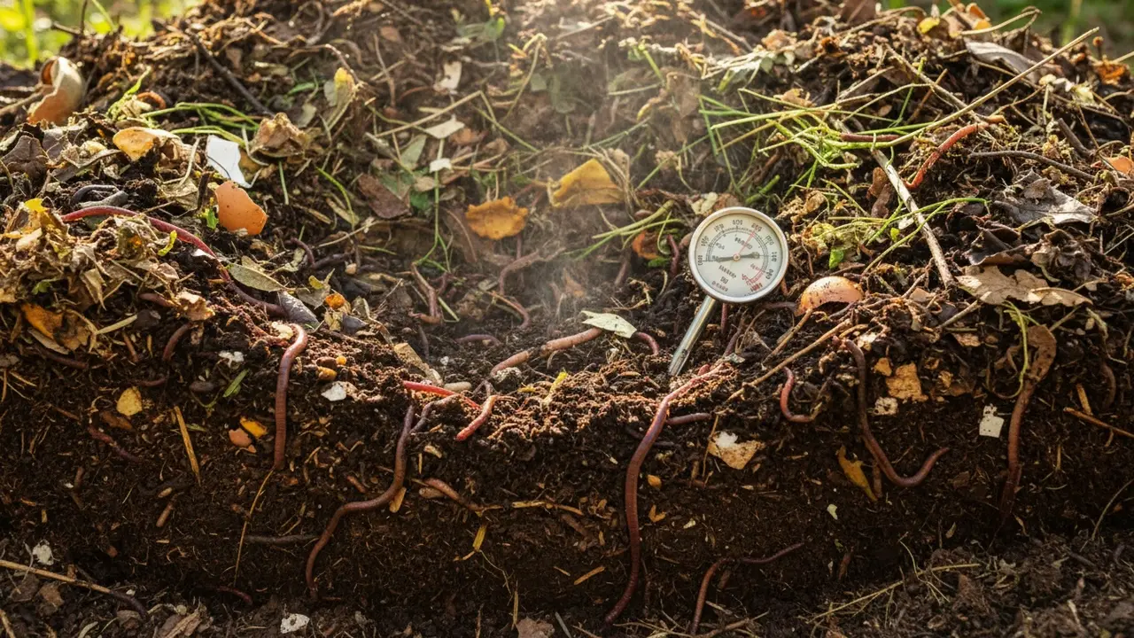 Nærbillede af aktiv kompostbunke med mørk muld, regnorme og termometer.