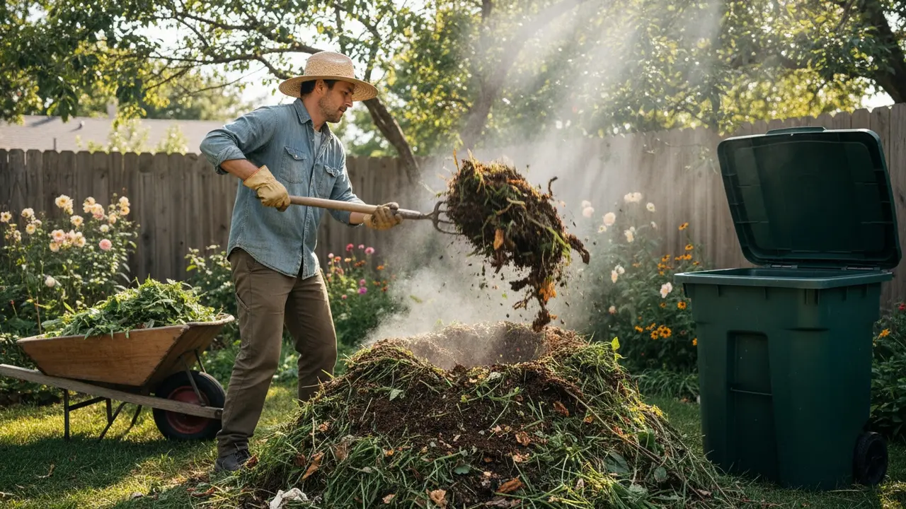 Person vender en kompostbunke med greb for at lufte og blande grønne og brune materialer.