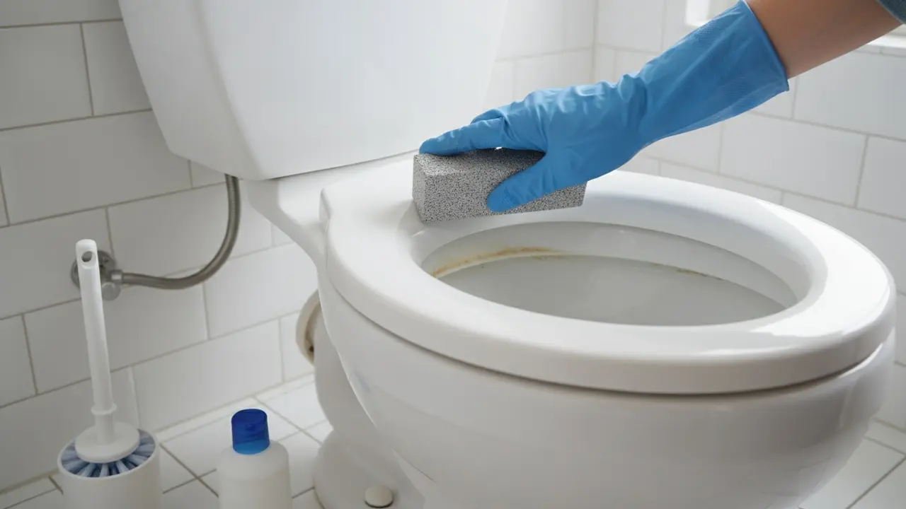 Handskebeklædt hånd bruger skuresten på toiletkummen