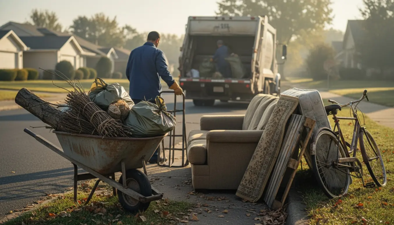 Kantstykke med sorteret haveaffald og storskrald klar til afhentning på en boligvej.