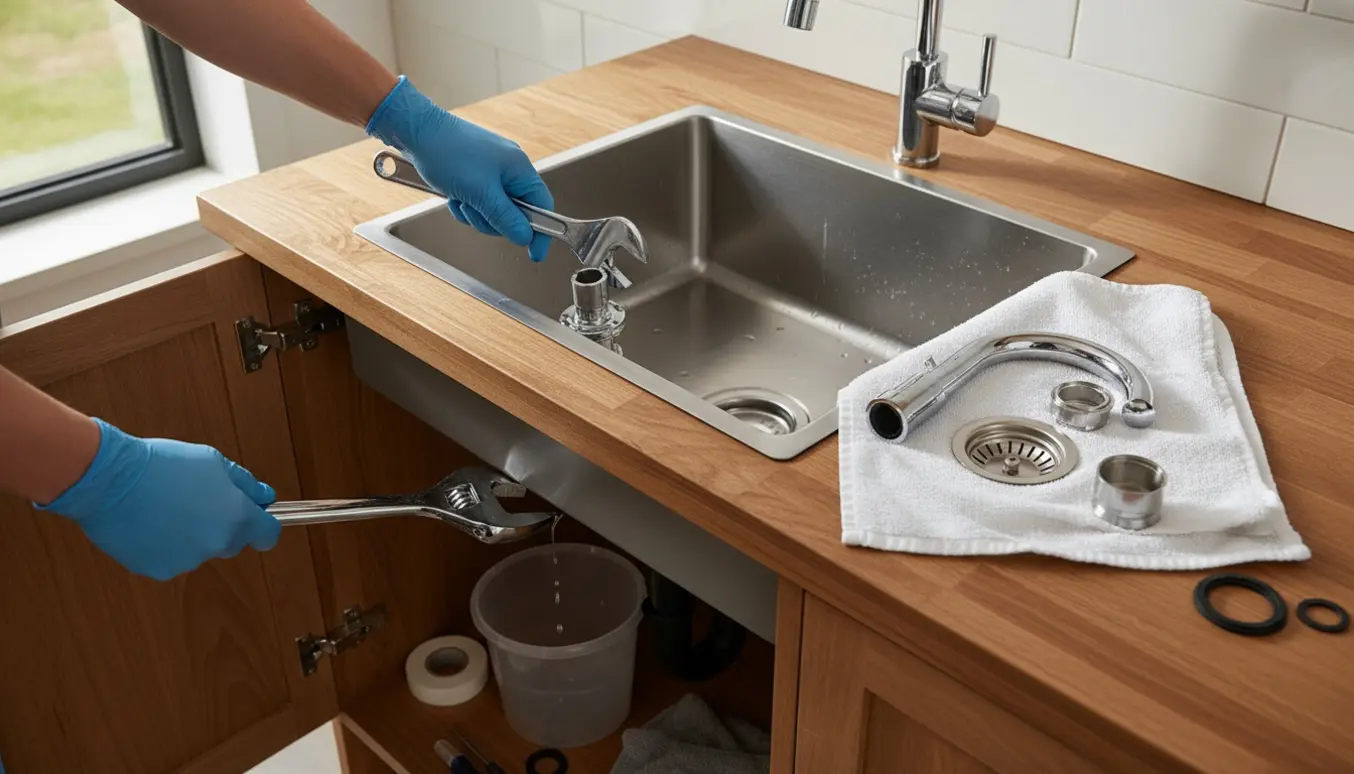 Nærbillede af udskiftning af køkkenarmatur og afløbsstrainer i en rustfri stålvask, med værktøj og hænder uden ansigt.