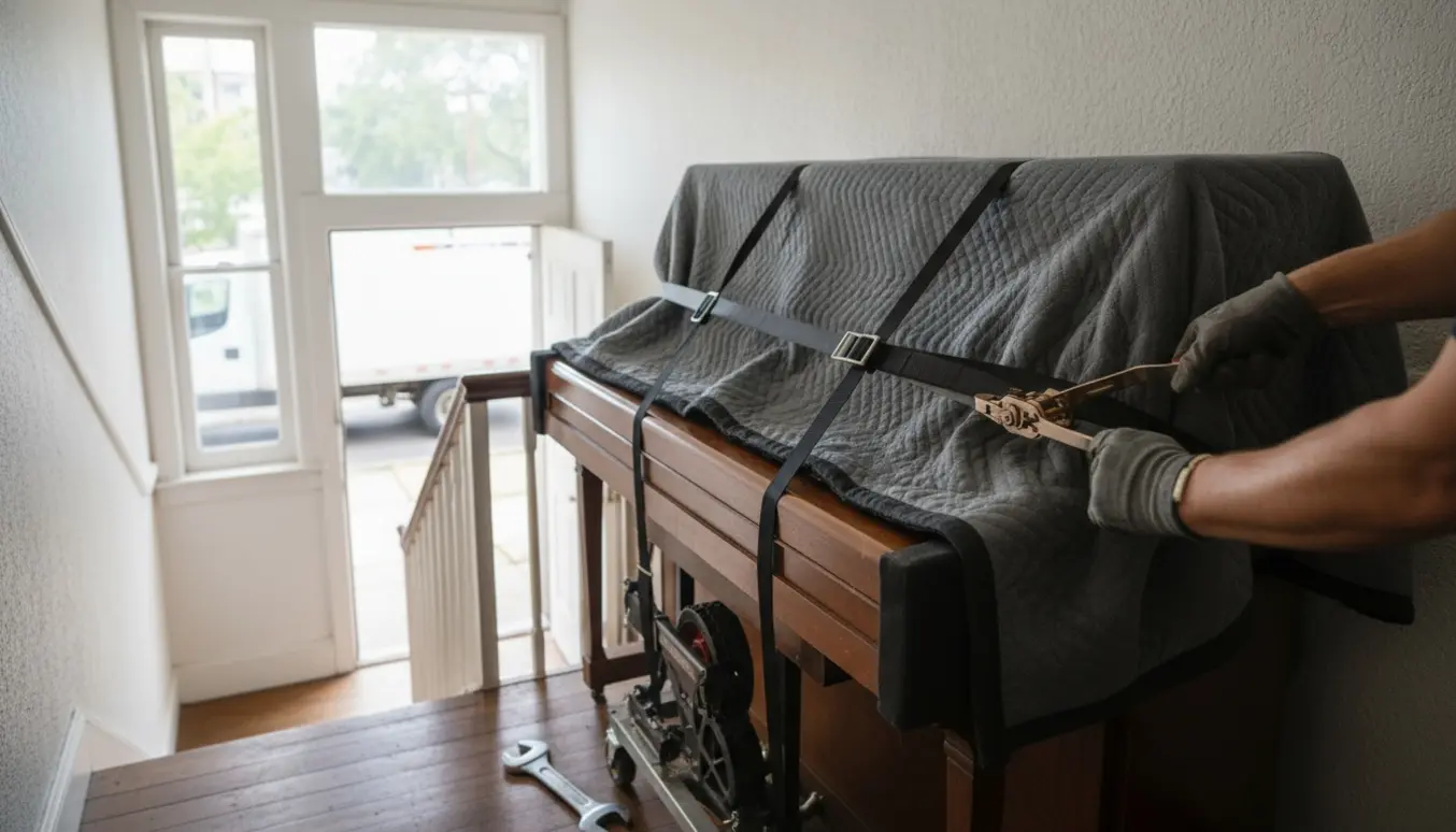 Et opretstående klaver pakket i flyttetæpper på en trappeopgang klar til bortskaffelse.