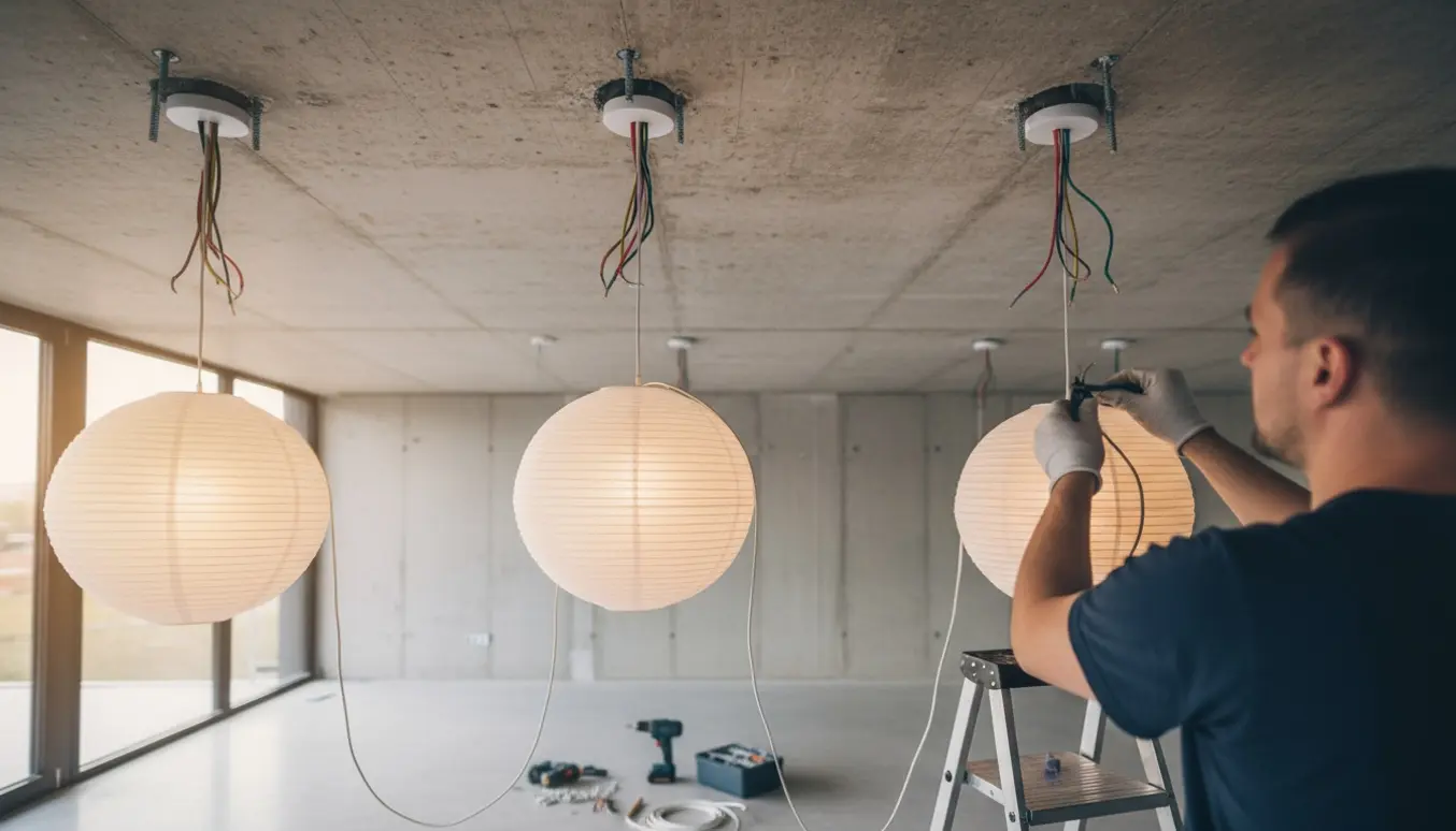 Person på stige tilslutter ledninger til fire rispapirlamper i et råt betonloft med slagboremaskine og værktøj i forgrunden.