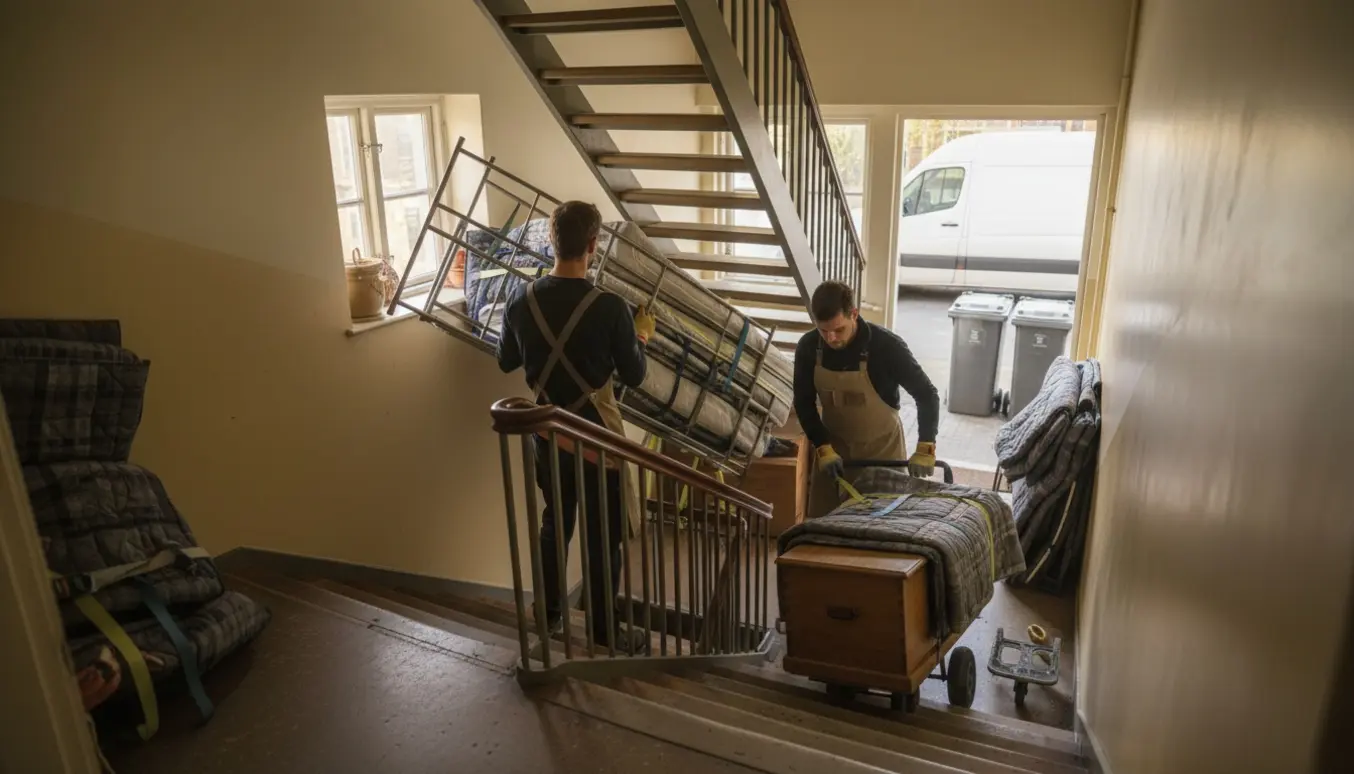 Flyttefolk bærer møbeldel op ad stejl loftstrappe, mens et lavt chatol er sikret på en flyttevogn i en opgang.