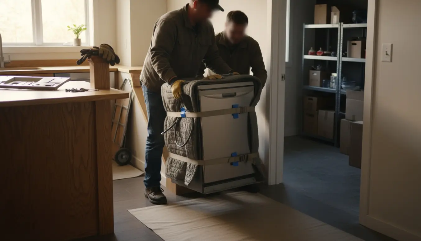 To personer bærer en afmonteret opvaskemaskine ned ad en smal trappe fra førstesalen til et kælderrum med flyttetæpper og værktøj.