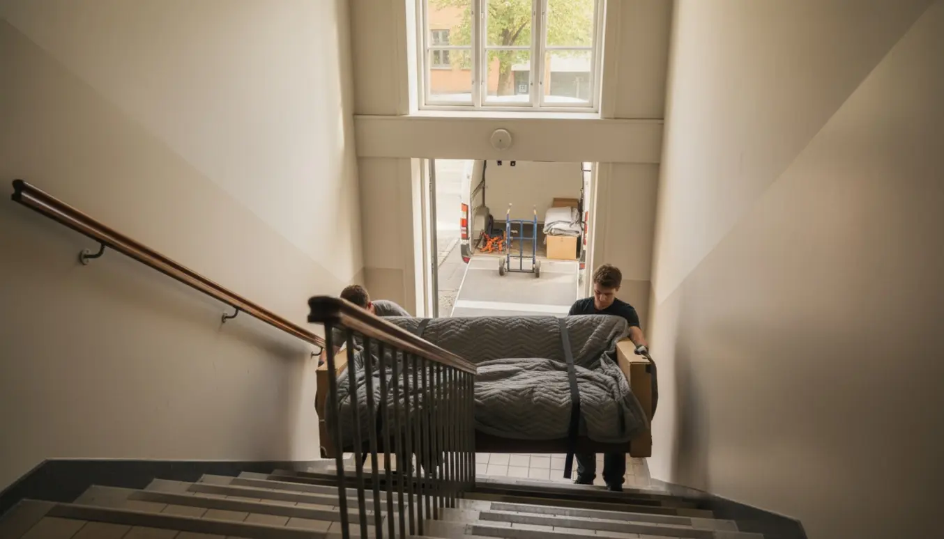Flyttefolk bærer en indpakket sofa ned ad en trappe mod en ventende flyttevogn på en rolig gade.