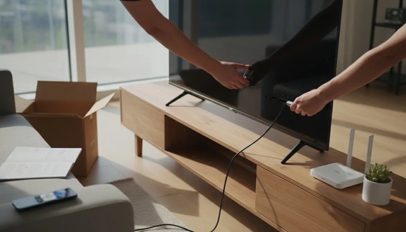 Hænder tilslutter strøm- og HDMI-kabler til et nyt TV i en lys, moderne stue med fjernbetjening og manual ved siden af.