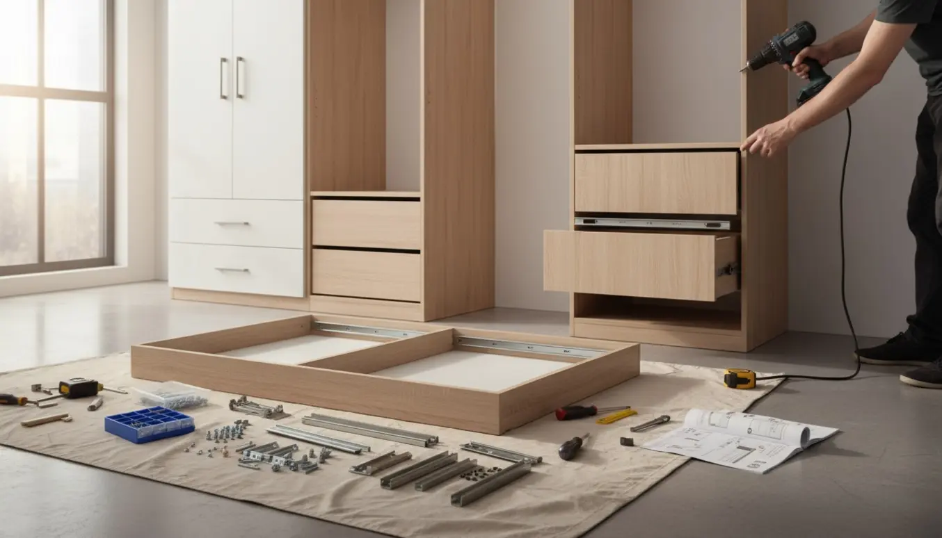 Hænder samler garderobeskabe i et lyst rum med værktøj og skuffedele.