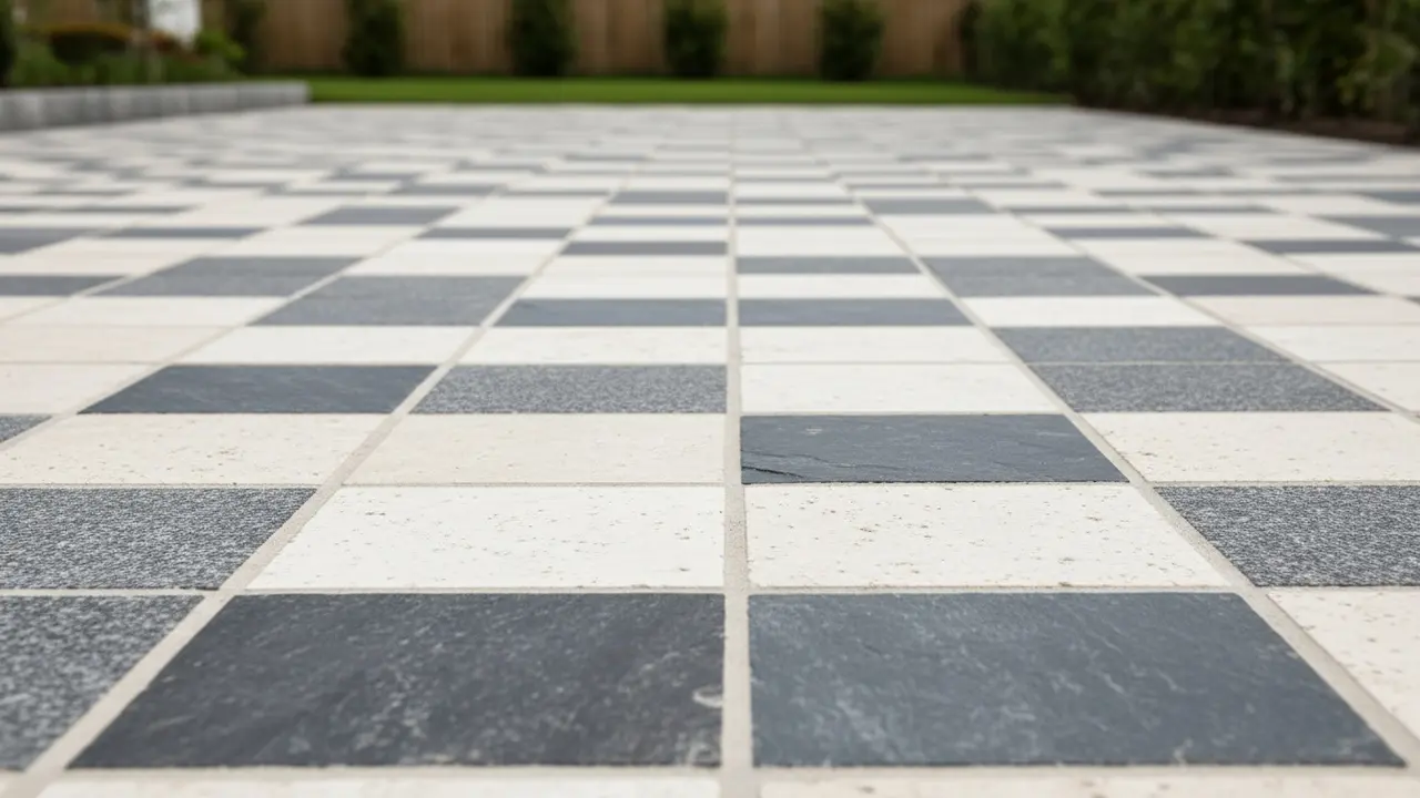 Jævnt, færdigt stenbelægning med forskellige natursten set i lav vinkel