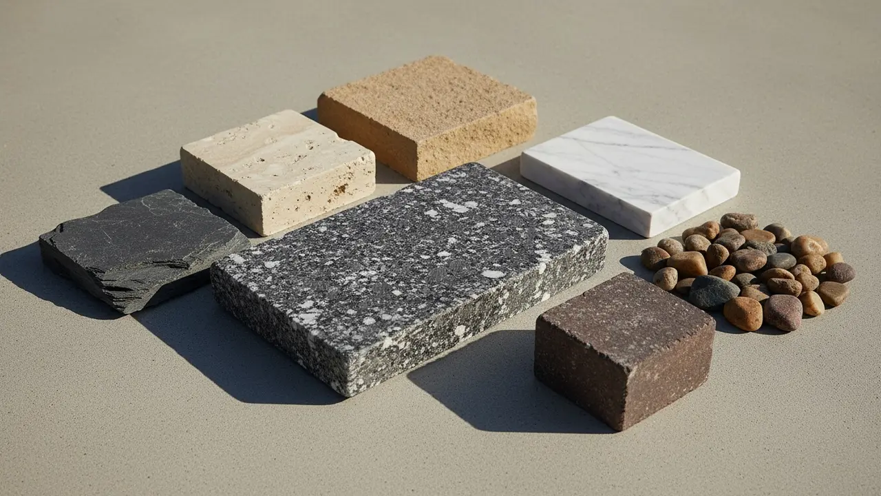 Udvalgte naturstensprøver (granit, skifer, kalksten, sandsten, marmor) lagt frem