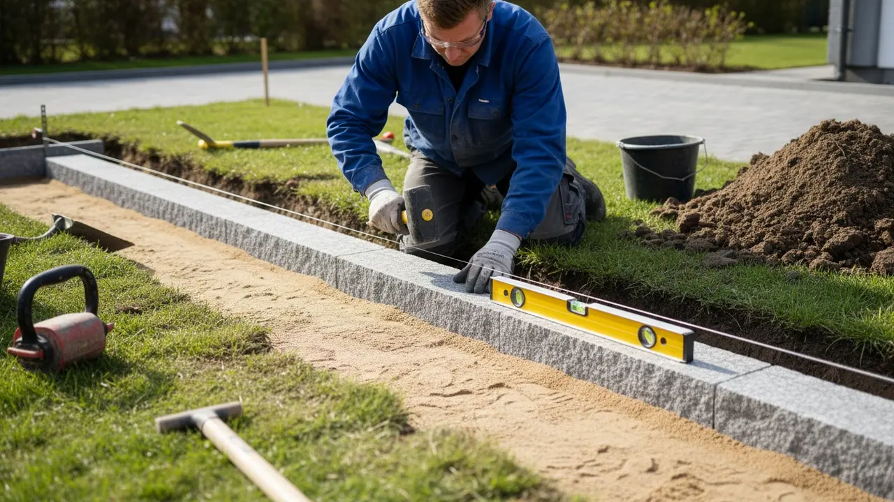 Arbejdsbillede af udgravet rende, afretningssand og kantsten der bankes på plads