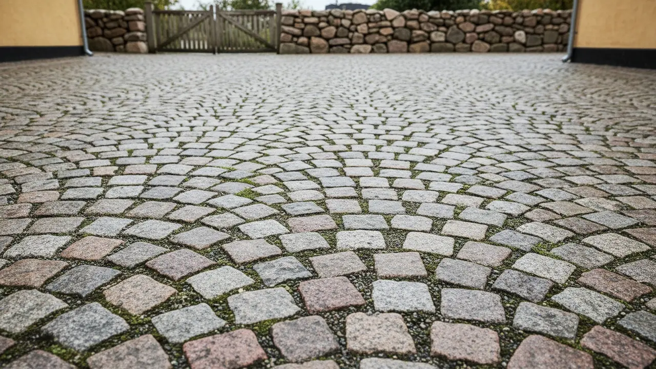 Chaussesten i granit på indkørsel, tæt billede af 10x10 cm klodser og brede fuger