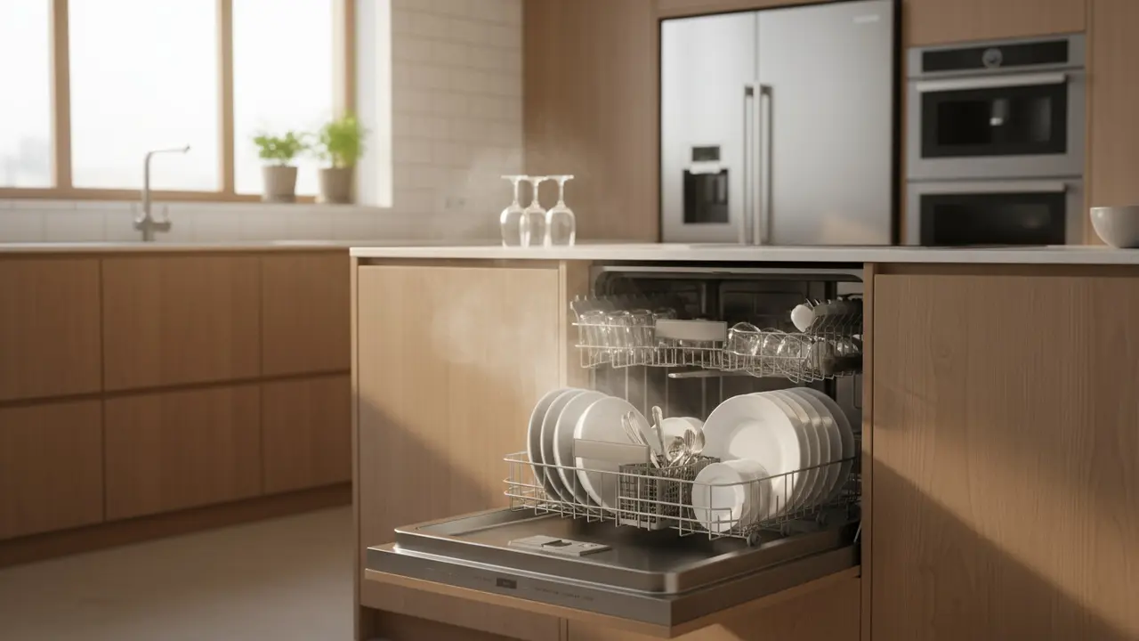 Åben, nyvasket opvaskemaskine i moderne køkken