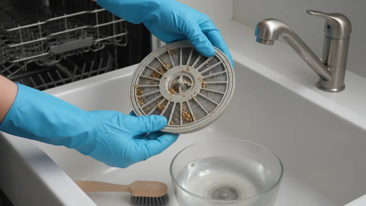 Hænder fjerner og rengør opvaskemaskinens filter ved vasken