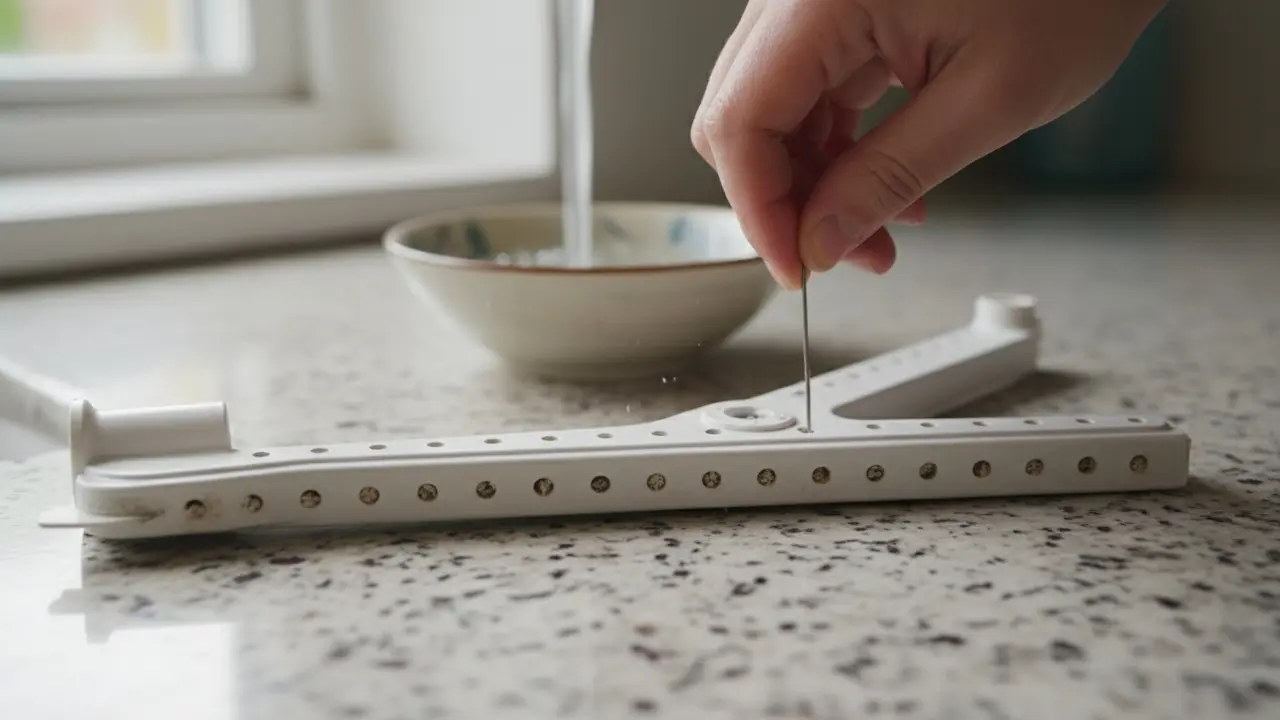 Sprayarm fjernet og renses for tilstopninger med lille værktøj