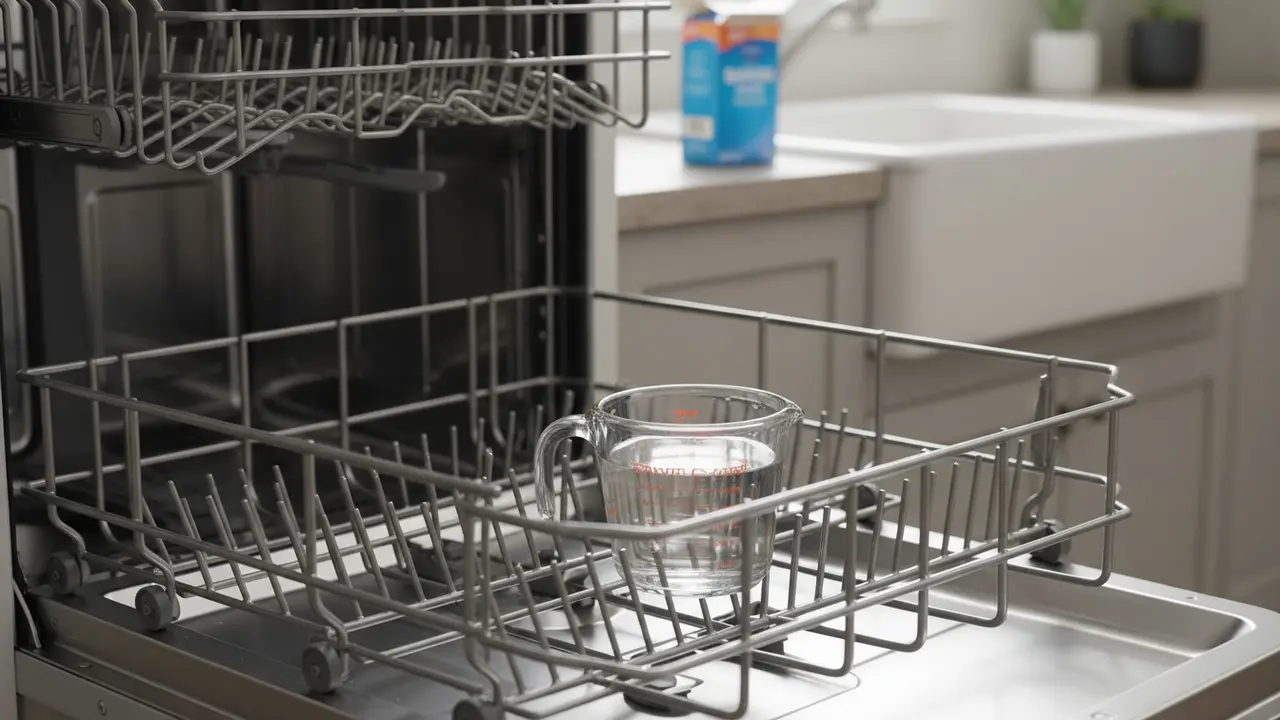 Målebæger med hvid eddike placeret i bunden af en tom opvaskemaskine