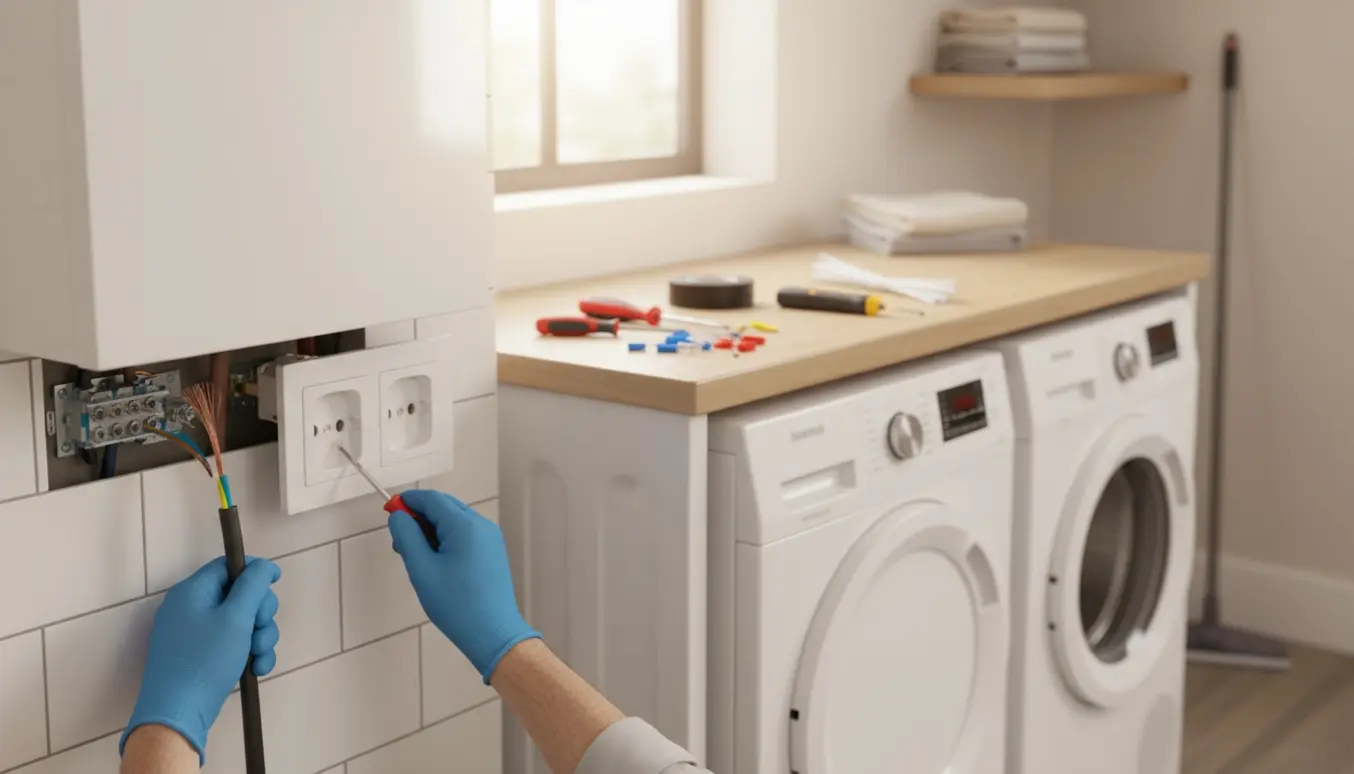 Hænder tilslutter elledning til gasfyr og installerer stikkontakt ved vaskemaskine og tørretumbler i et ryddeligt bryggers.